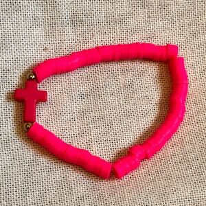 Fuschia Pink Beaded Bracelet with Cross Charm